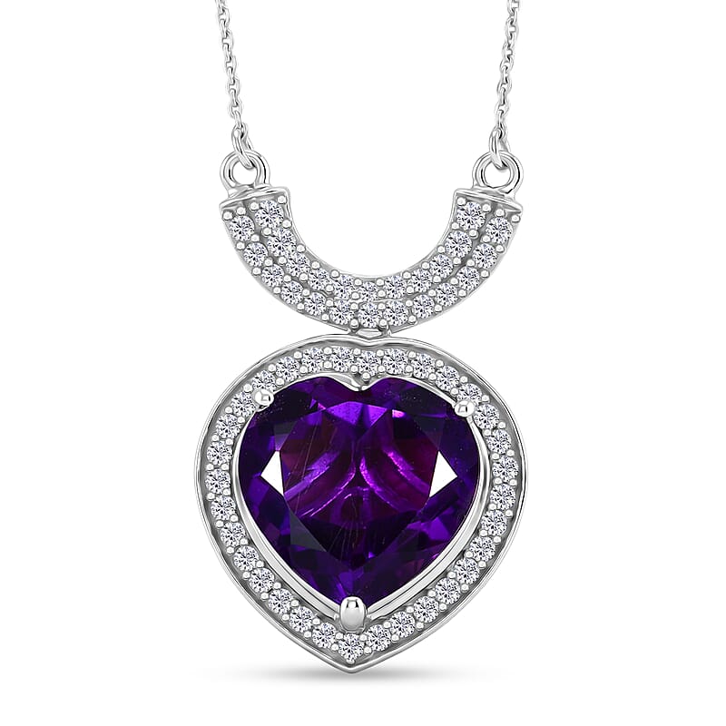 D'Joy AAA Zambian Amethyst and White Zircon 10.10 ctw Royal Valentine Necklace in Rhodium Over Sterling Silver 18-20 Inches