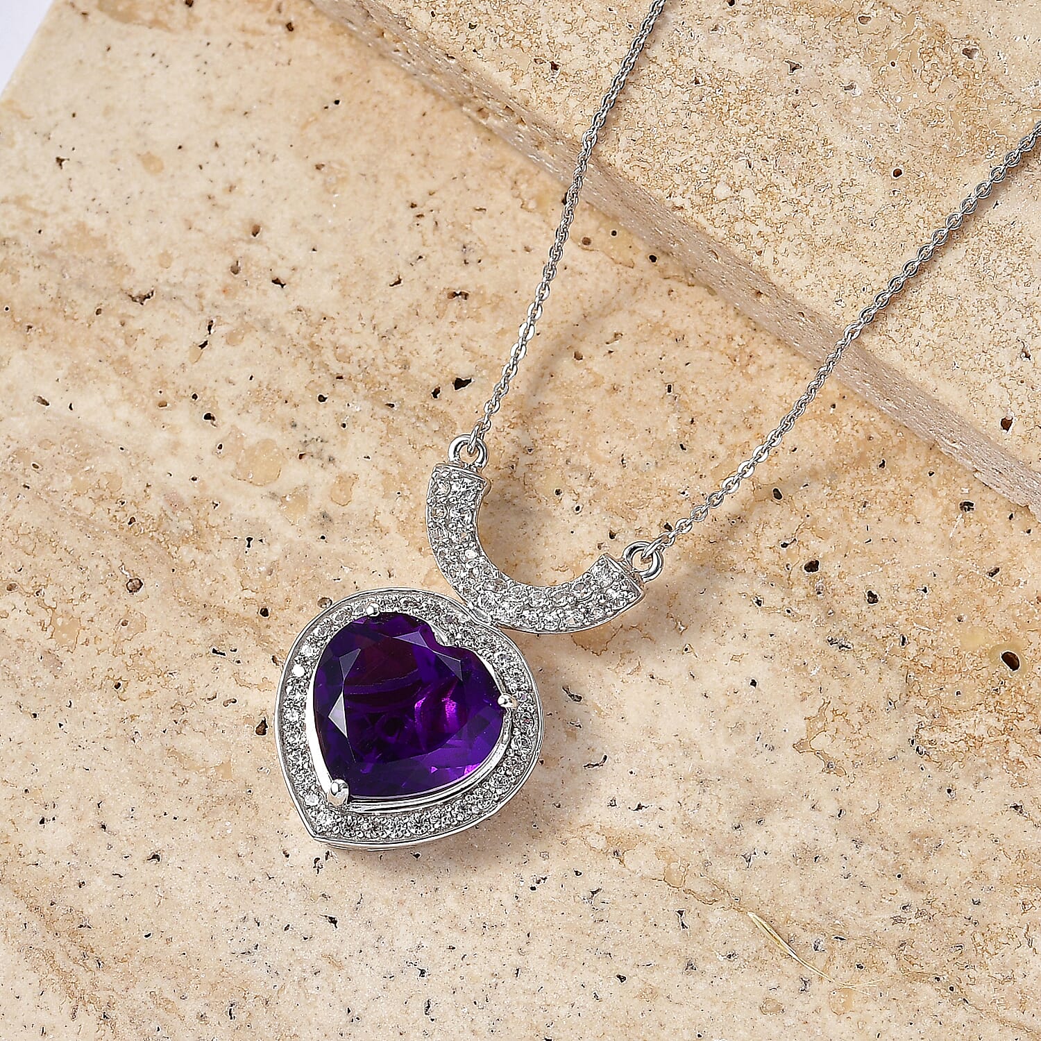 D'Joy AAA Zambian Amethyst and White Zircon 10.10 ctw Royal Valentine Necklace in Rhodium Over Sterling Silver 18-20 Inches