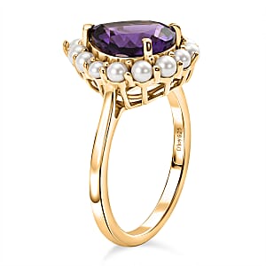 D'Joy AAA Zambian Amethyst and Freshwater Pearl 2.80 ctw Crown Ring in 18K Vermeil Yellow Gold Over Sterling Silver (Size 10.0)