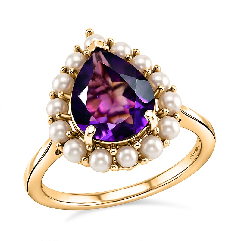 D'Joy AAA Zambian Amethyst and Freshwater Pearl 2.80 ctw Crown Ring in 18K Vermeil Yellow Gold Over Sterling Silver (Size 6.0)