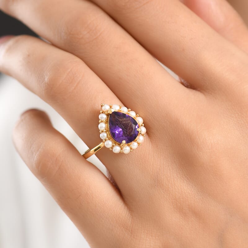 D'Joy AAA Zambian Amethyst and Freshwater Pearl 2.80 ctw Crown Ring in 18K Vermeil Yellow Gold Over Sterling Silver (Size 6.0)