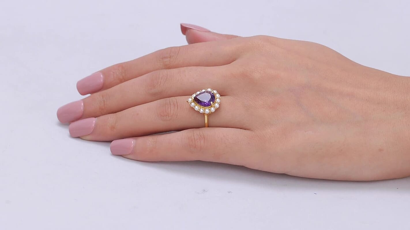 D'Joy AAA Zambian Amethyst, Freshwater Pearl Ring in 18K Vermeil YG Over Sterling Silver (Size 10.0) 2.80 ctw