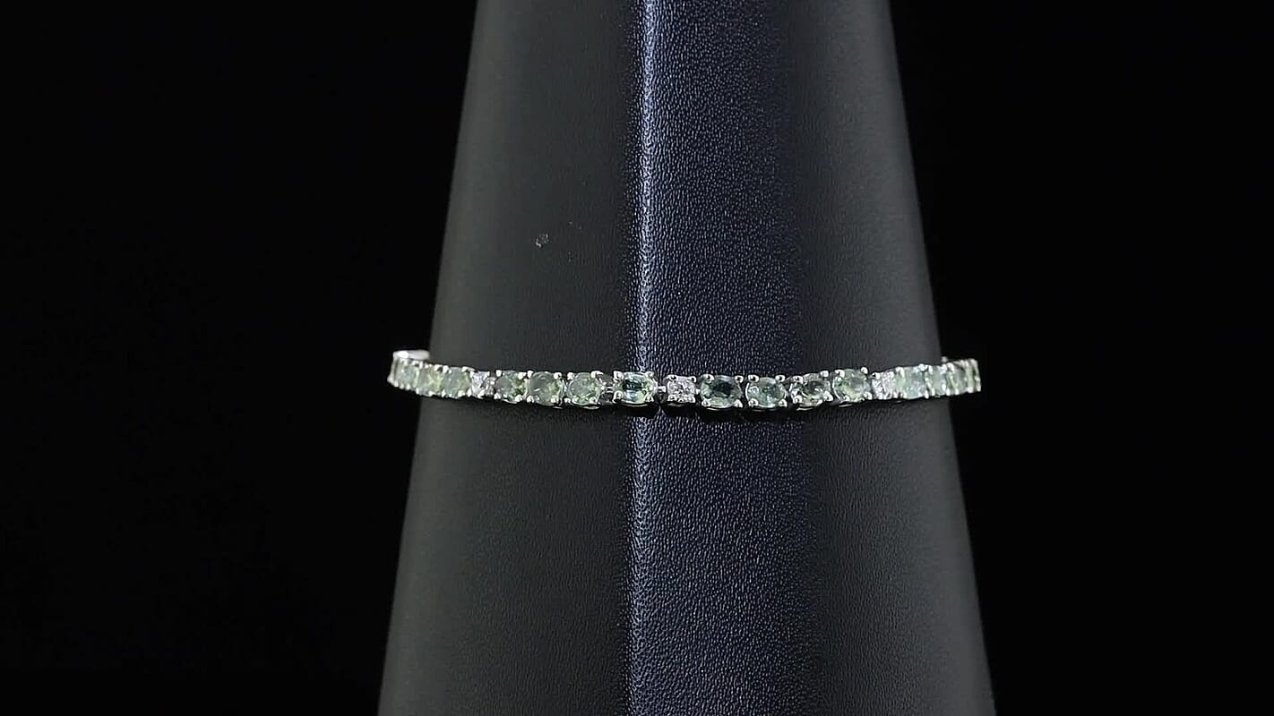Premium Malawi Green Sapphire, Luxuriant Lab Grown Diamond (G-H, SI) (0.55 cts) Crown Line Bracelet in Rhodium Over Sterling Silver (6.50 In) 8.00 ctw