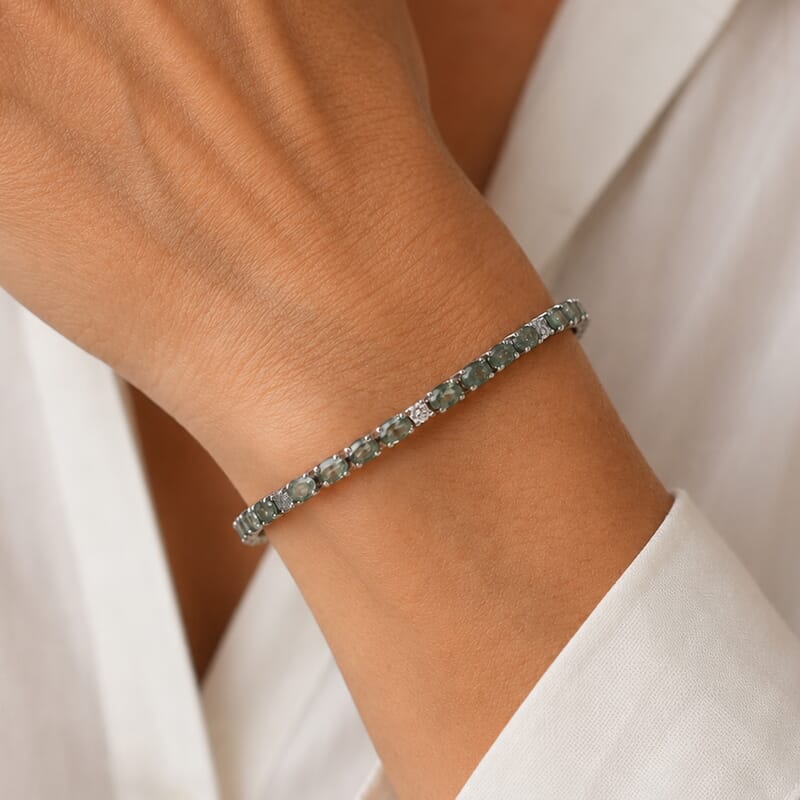 Premium Milanoa Green Sapphire and Luxuriant Lab Grown Diamond G-H SI 8.00 ctw Crown Line Bracelet in Rhodium Over Sterling Silver (6.50 In)
