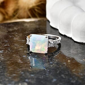 D'Joy AAA Ethiopian Welo Opal and Moissanite 3.60 ctw Dream Glow Ring in Rhodium Over Sterling Silver (Size 6.0)
