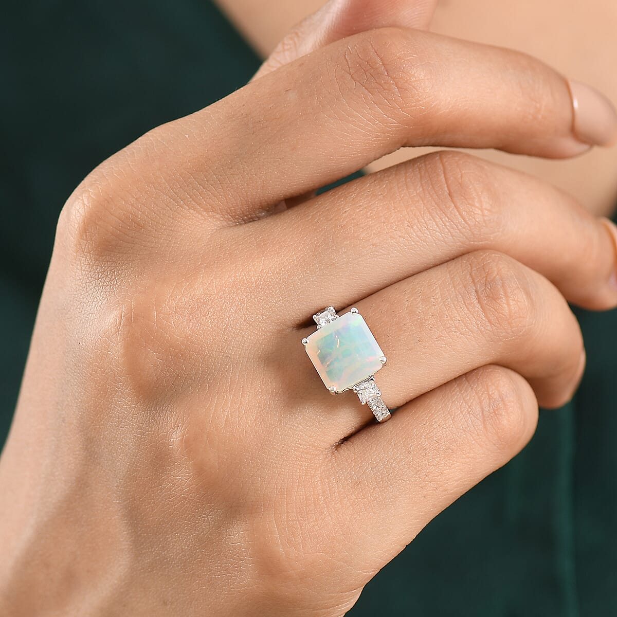 D'Joy AAA Ethiopian Welo Opal and Moissanite 3.60 ctw Dream Glow Ring in Rhodium Over Sterling Silver (Size 6.0) image number 2