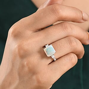 D'Joy AAA Ethiopian Welo Opal and Moissanite 3.60 ctw Dream Glow Ring in Rhodium Over Sterling Silver (Size 6.0)