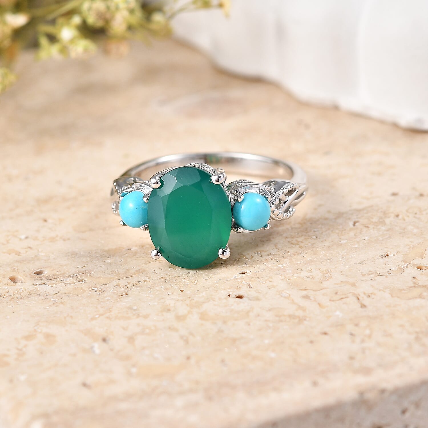 EverTrue Verde Onyx and Sleeping Beauty Turquoise 3.70 ctw Secret Bloom Ring in Platinum Bond (Size 6.0)