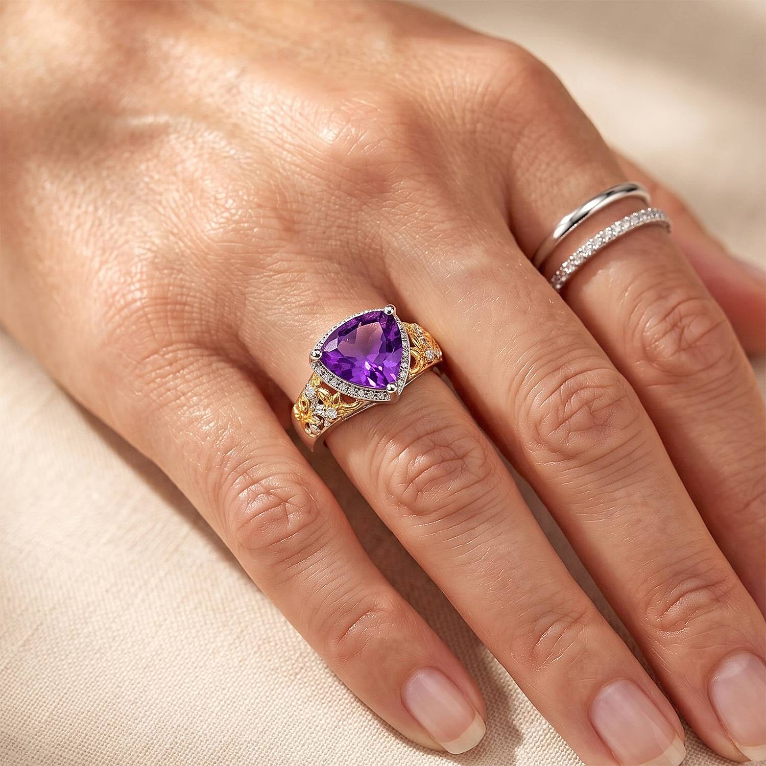 EverTrue African Amethyst and White Zircon 2.40 ctw Ring in 18K YG Plated and Platinum Bond (Size 8.0)