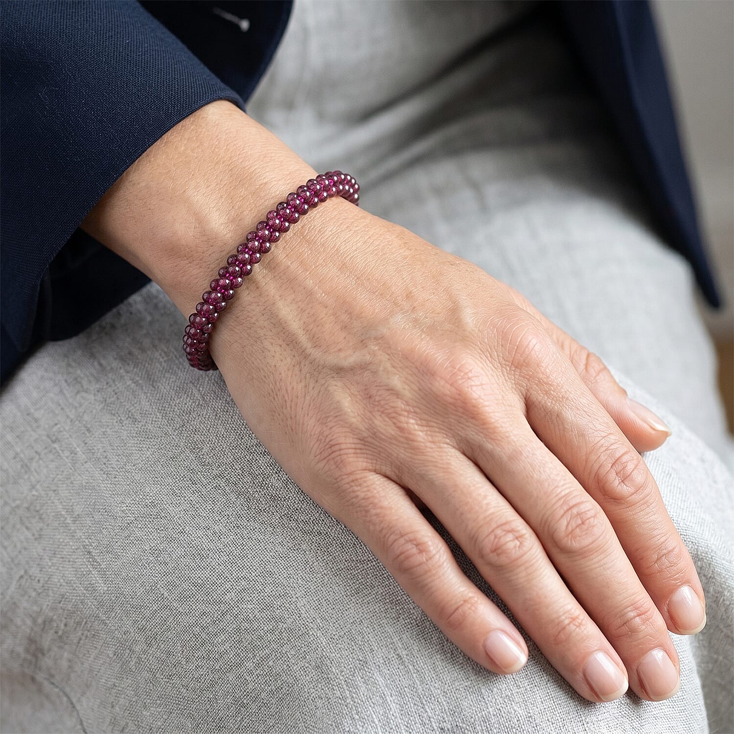 Mozambique Garnet 50.00 ctw Beaded Stretch Bracelet in Silvertone (6.25-6.75in)