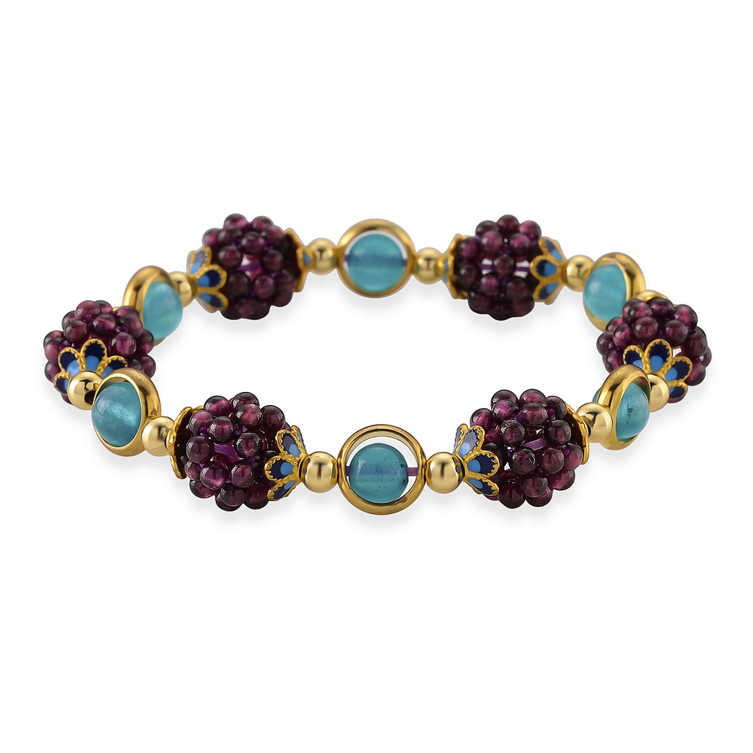 Red Agate and Blue Agate Beaded Stretch Bracelet in  Goldtone (6-6.50In) 40.00 ctw