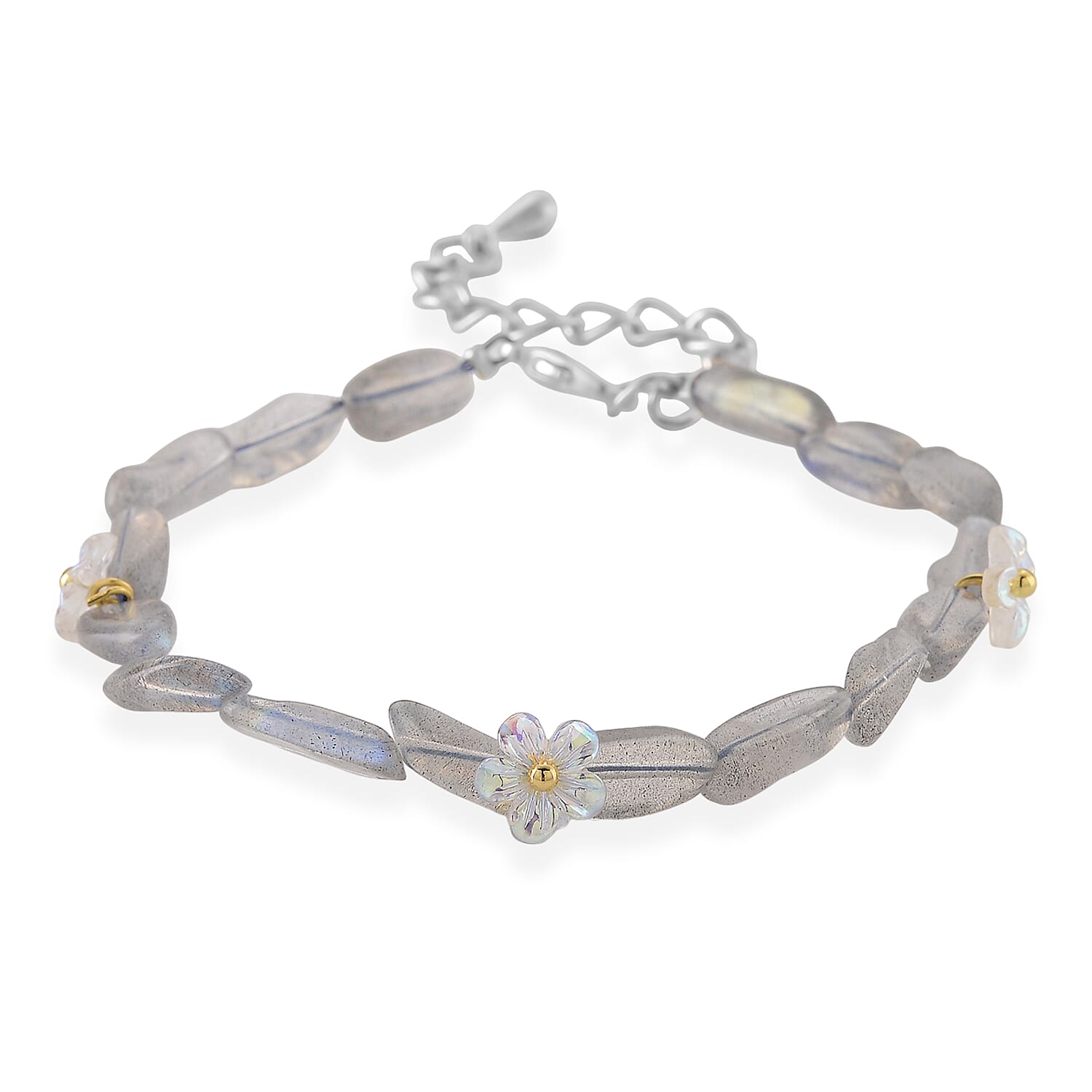 Grey Moonstone and Resin 12.00 ctw Beaded Stretch Bracelet in Silvertone (6.50-8.50In)