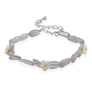 Grey Moonstone and Resin 12.00 ctw Beaded Stretch Bracelet in Silvertone (6.50-8.50In)