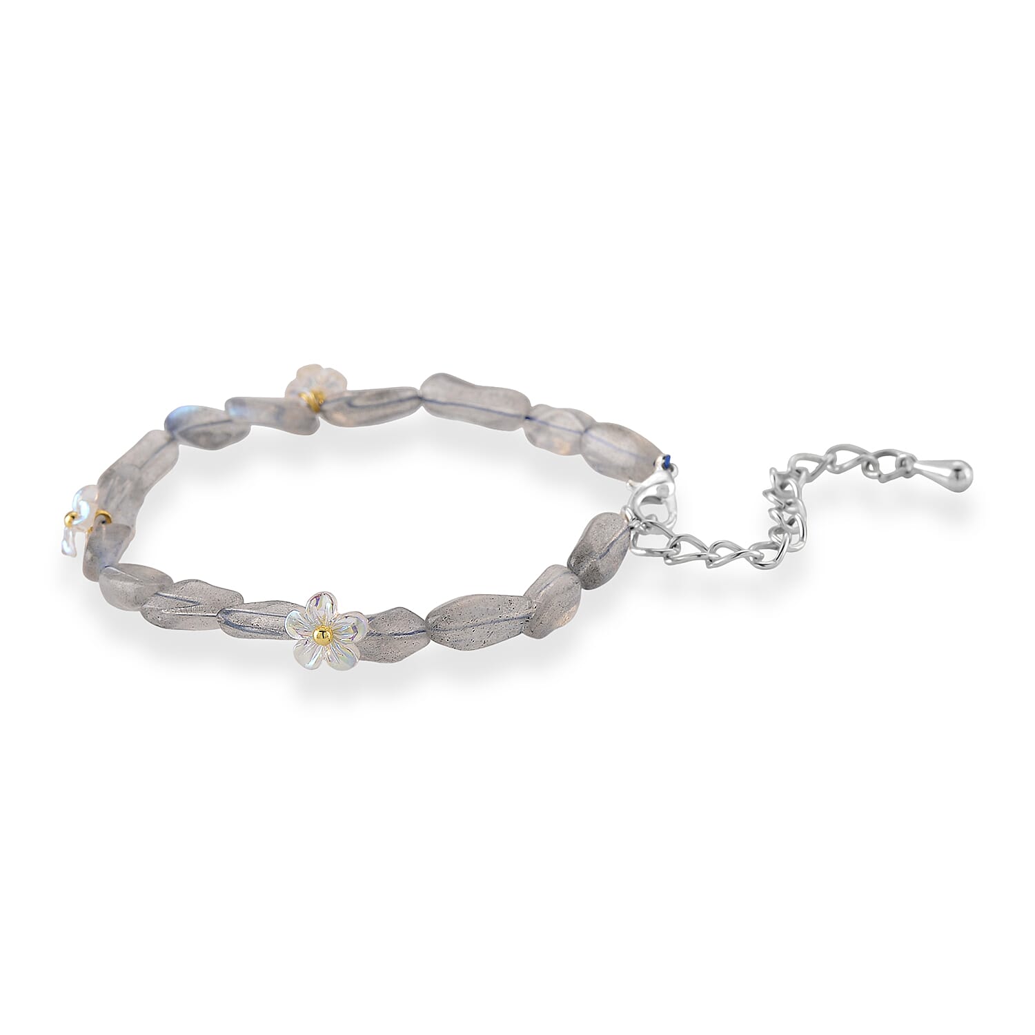 Grey Moonstone and Resin 12.00 ctw Beaded Stretch Bracelet in Silvertone (6.50-8.50In)
