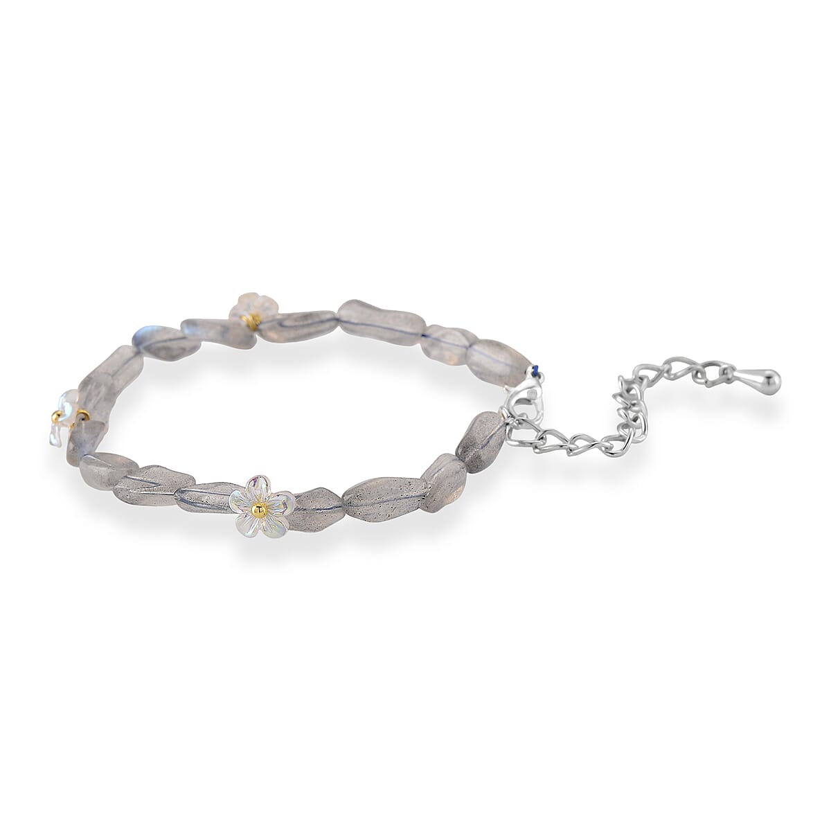 Grey Moonstone and Resin 12.00 ctw Beaded Stretch Bracelet in Silvertone (6.50-8.50In) image number 3