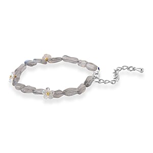 Grey Moonstone and Resin 12.00 ctw Beaded Stretch Bracelet in Silvertone (6.50-8.50In)