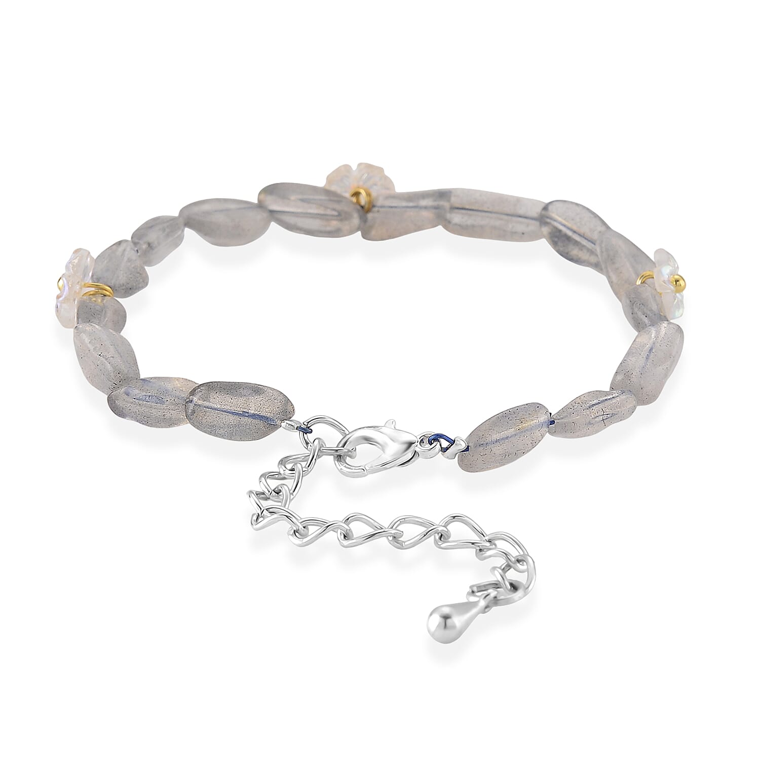 Grey Moonstone and Resin 12.00 ctw Beaded Stretch Bracelet in Silvertone (6.50-8.50In)