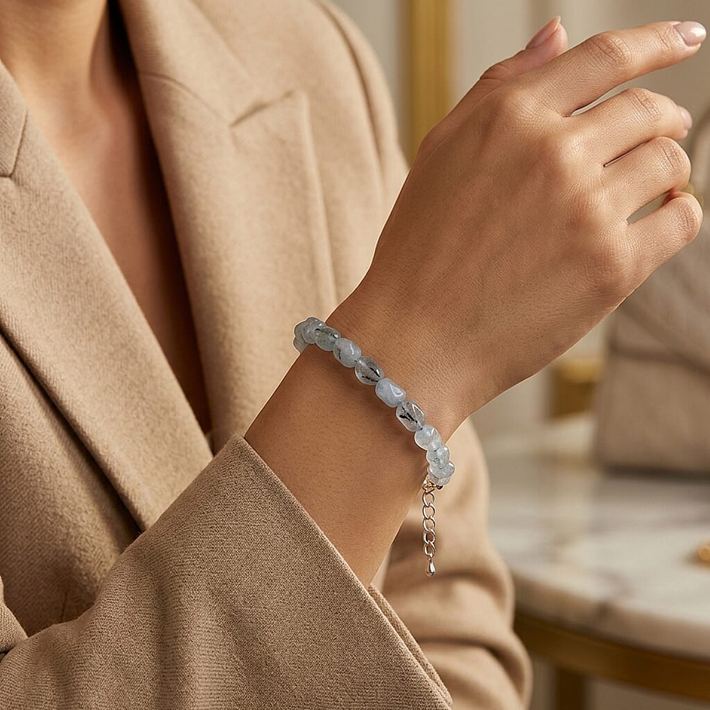 Aquamarine 20.00 ctw Beaded Stretch Bracelet in Silvertone (6.50-7.50In)