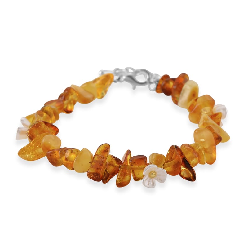Amber and Resin 14.00 ctw Beaded Stretch Bracelet in Silvertone (6.50-8.50In)