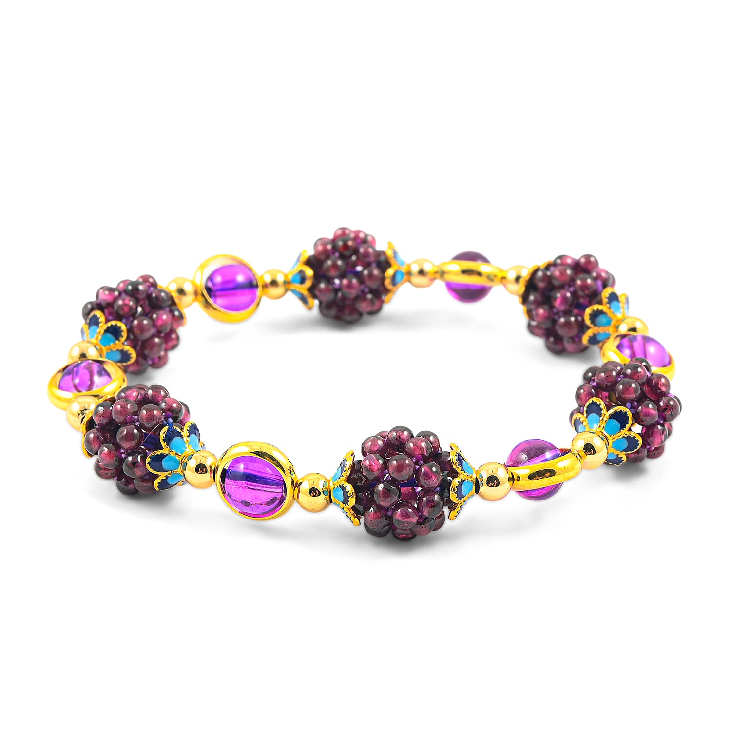 Red Agate and Purple Agate Beaded Stretch Bracelet in  Goldtone (6-6.50In) 40.00 ctw