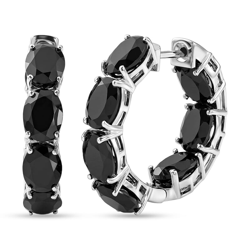 EverTrue Thai Black Spinel 22.10 ctw Midnight Signature Elegance Hoop Earrings in Platinum Bond