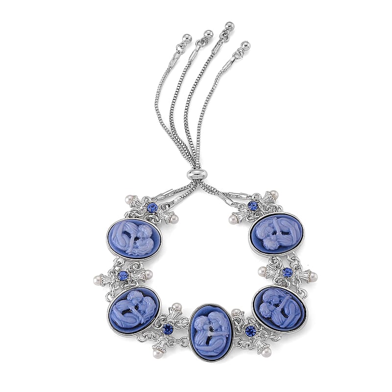 Blue Cameo, Resin and Blue Austrian Crystal Bolo Bracelet in Silvertone (7.5-9In)