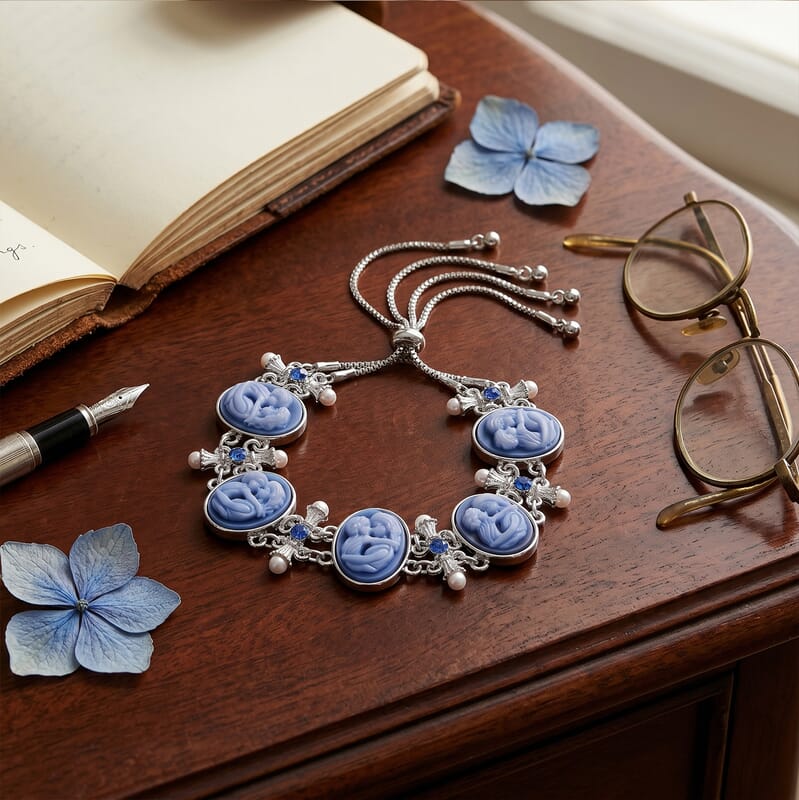Blue Cameo, Resin and Blue Austrian Crystal Bolo Bracelet in Silvertone (7.5-9In)