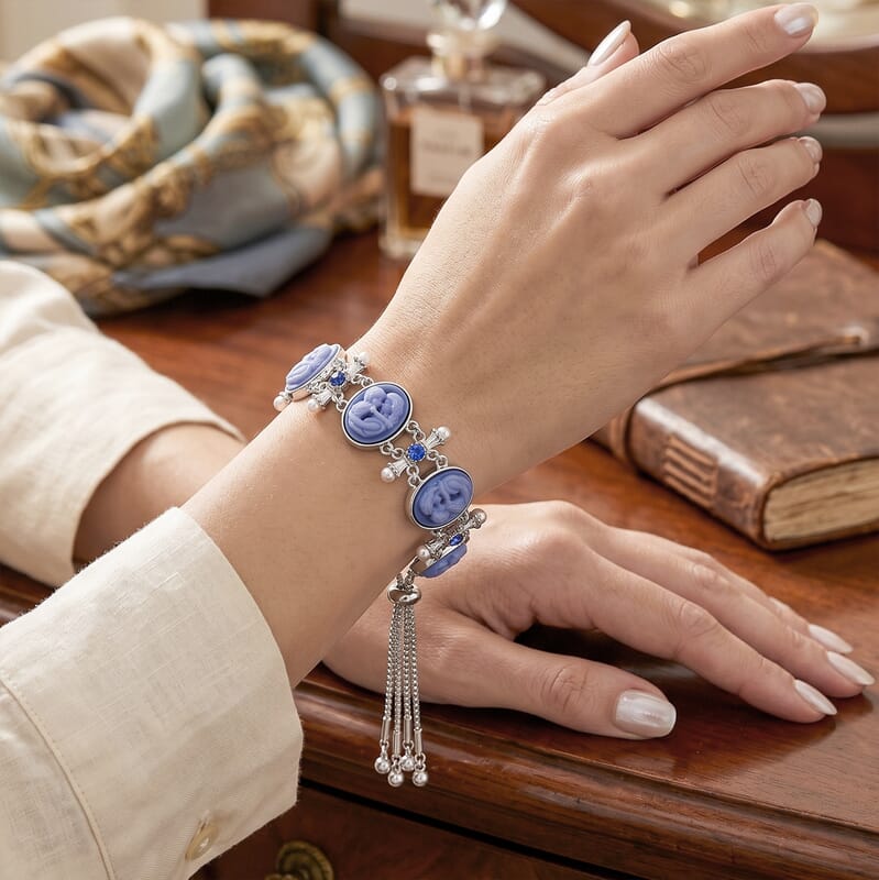 Blue Cameo, Resin and Blue Austrian Crystal Bolo Bracelet in Silvertone (7.5-9In)