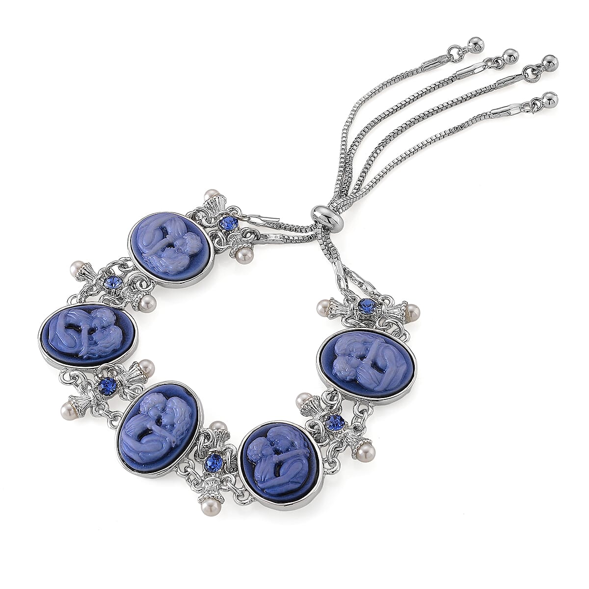 Blue Cameo, Resin and Blue Austrian Crystal Bolo Bracelet in Silvertone (7.5-9In) image number 4