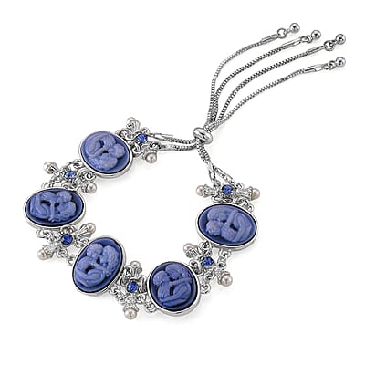 Blue Cameo, Resin and Blue Austrian Crystal Bolo Bracelet in Silvertone (7.5-9In)