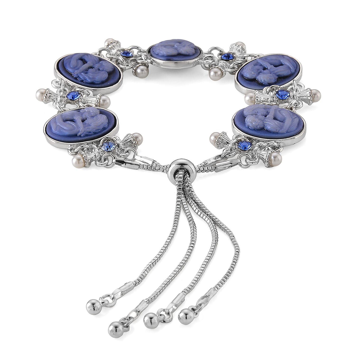 Blue Cameo, Resin and Blue Austrian Crystal Bolo Bracelet in Silvertone (7.5-9In)