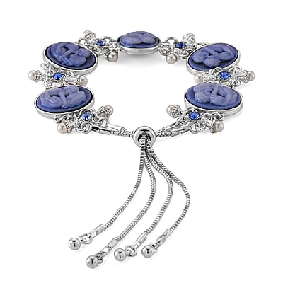 Blue Cameo, Resin and Blue Austrian Crystal Bolo Bracelet in Silvertone (7.5-9In)
