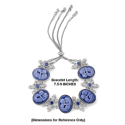 Blue Cameo, Resin and Blue Austrian Crystal Bolo Bracelet in Silvertone (7.5-9In)