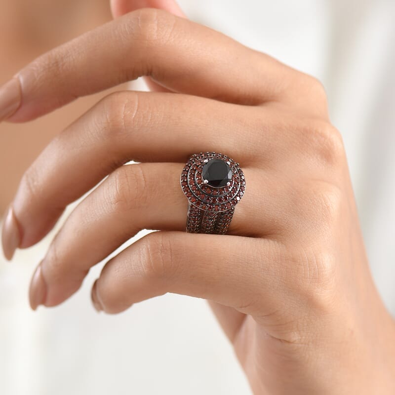 EverTrue Thai Black Spinel and Mozambique Garnet 4.90 ctw Midnight Glow Halo Ring in Platinum Bond (Size 7.0)