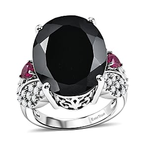 EverTrue Thai Black Spinel 23.10 ctw Midnight Royal Garden Ring with Fissure-Filled Ruby & White Zircon Accents in Platinum Bond (Size 10.0)