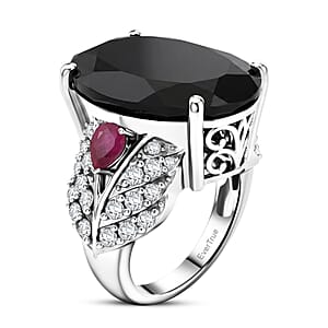 EverTrue Thai Black Spinel 23.10 ctw Midnight Royal Garden Ring with Fissure-Filled Ruby & White Zircon Accents in Platinum Bond (Size 10.0)