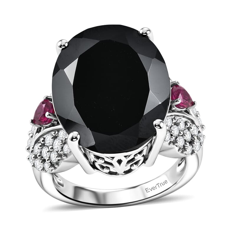EverTrue Thai Black Spinel 23.10 ctw Midnight Royal Garden Ring with Fissure-Filled Ruby & White Zircon Accents in Platinum Bond (Size 6.0)