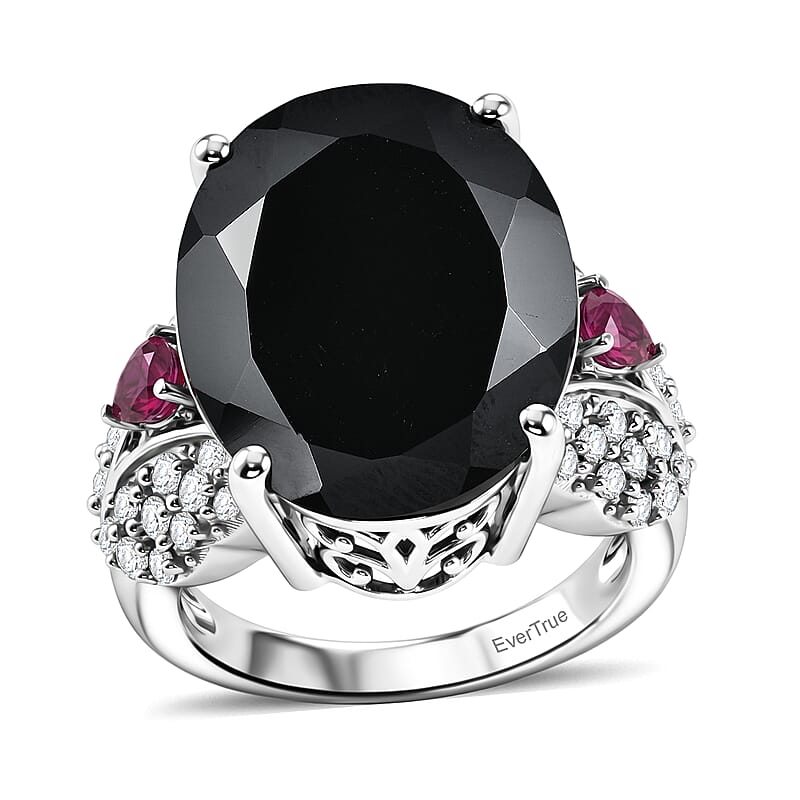 EverTrue Thai Black Spinel 23.10 ctw Midnight Royal Garden Ring with Fissure-Filled Ruby & White Zircon Accents in Platinum Bond (Size 6.0)
