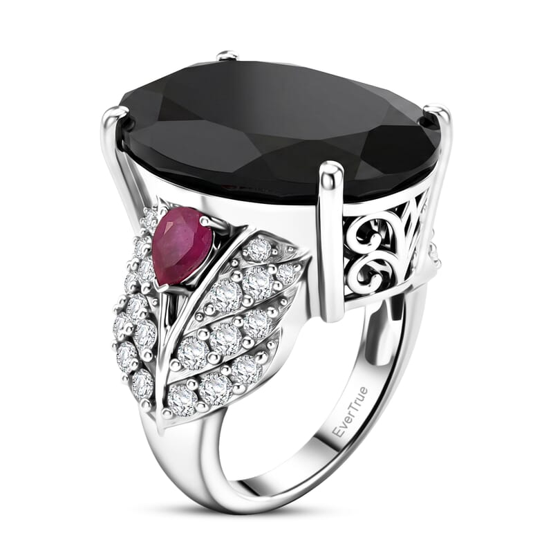 EverTrue Thai Black Spinel 23.10 ctw Midnight Royal Garden Ring with Fissure-Filled Ruby & White Zircon Accents in Platinum Bond (Size 6.0)