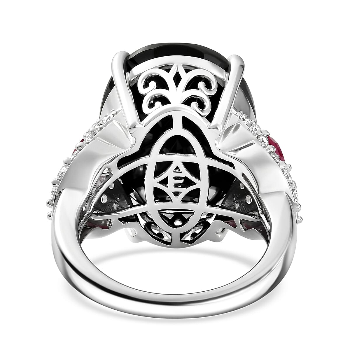 EverTrue Thai Black Spinel 23.10 ctw Midnight Royal Garden Ring with Fissure-Filled Ruby & White Zircon Accents in Platinum Bond (Size 6.0)