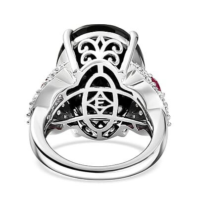 EverTrue Thai Black Spinel 23.10 ctw Midnight Royal Garden Ring with Fissure-Filled Ruby & White Zircon Accents in Platinum Bond (Size 6.0)