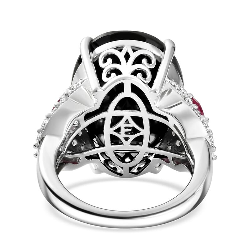 EverTrue Thai Black Spinel 23.10 ctw Midnight Royal Garden Ring with Fissure-Filled Ruby & White Zircon Accents in Platinum Bond (Size 6.0)