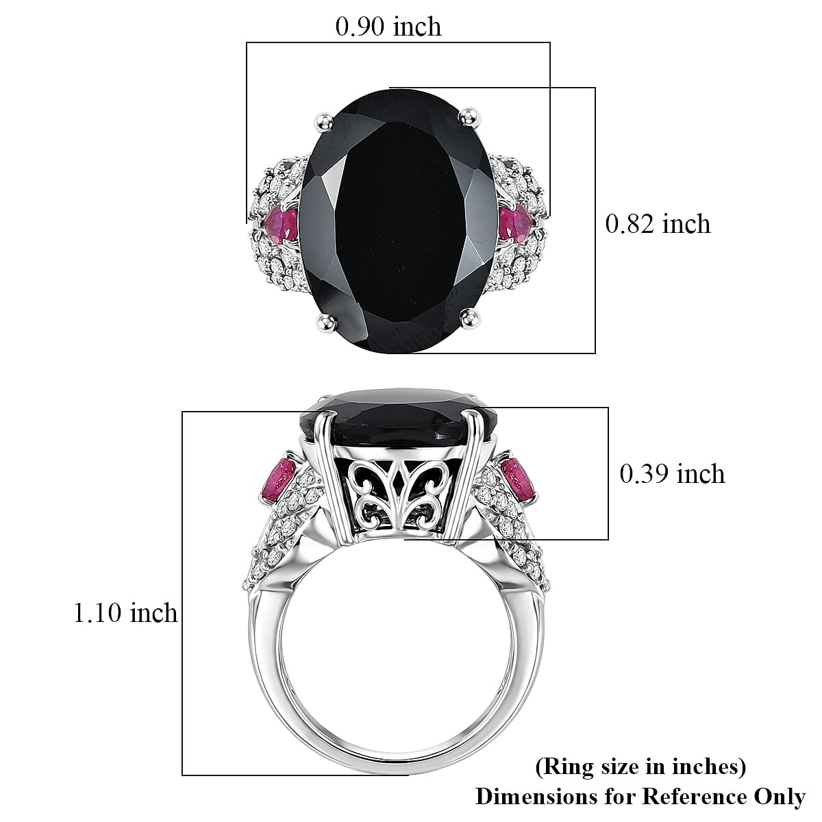 EverTrue Thai Black Spinel 23.10 ctw Midnight Royal Garden Ring with Fissure-Filled Ruby & White Zircon Accents in Platinum Bond (Size 6.0)