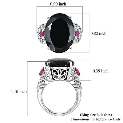 EverTrue Thai Black Spinel 23.10 ctw Midnight Royal Garden Ring with Fissure-Filled Ruby & White Zircon Accents in Platinum Bond (Size 6.0)