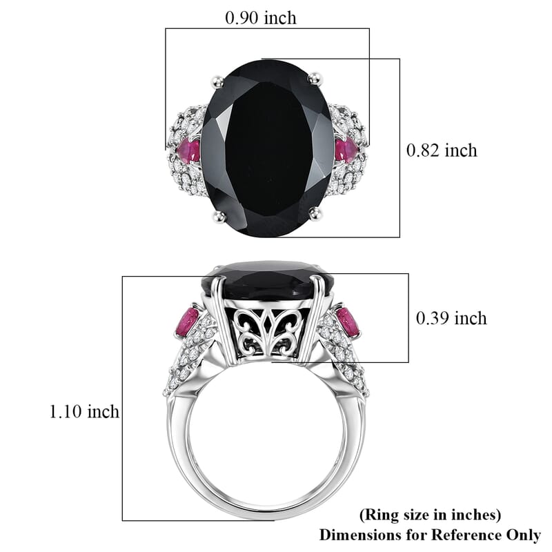 EverTrue Thai Black Spinel 23.10 ctw Midnight Royal Garden Ring with Fissure-Filled Ruby & White Zircon Accents in Platinum Bond (Size 6.0)