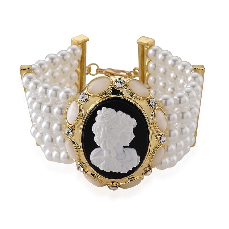 White Cameo and Multi Gemstone 3.00 ctw Bracelet in Goldtone (7-9In)