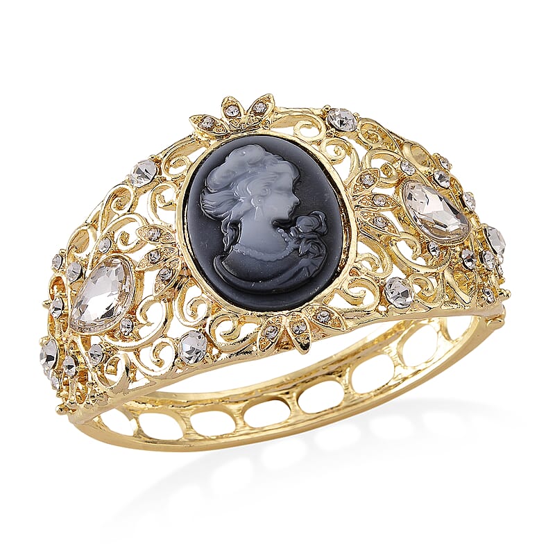 Black Cameo, White Glass and Austrian Crystal Bangle Bracelet in Goldtone (6.50 In)
