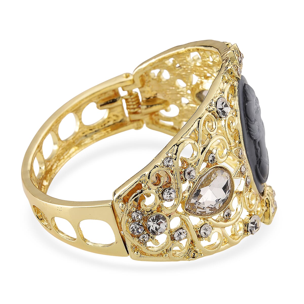 Black Cameo, White Glass and Austrian Crystal Bangle Bracelet in Goldtone (6.50 In) image number 4