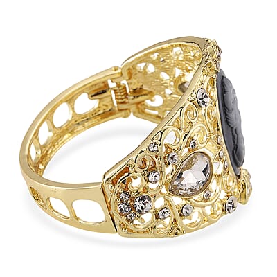 Black Cameo, White Glass and Austrian Crystal Bangle Bracelet in Goldtone (6.50 In)