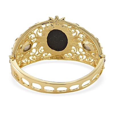 Black Cameo, White Glass and Austrian Crystal Bangle Bracelet in Goldtone (6.50 In)